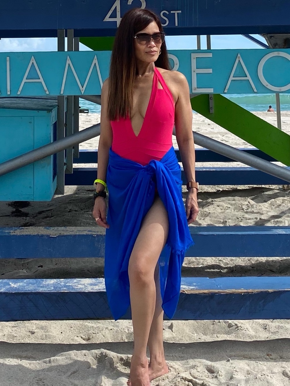 Deep-V Halter One-Piece Swimsuit in Hot Pink size small (sarong not included)